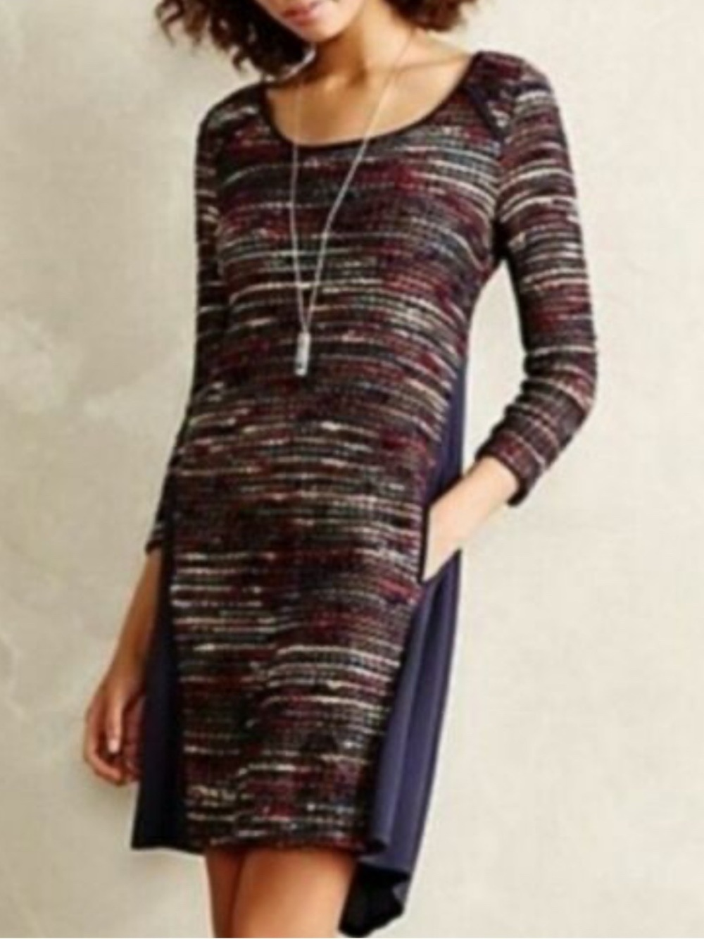 Anthropologie Maeve Dress Women's Medium Boucle Colorful Knit Pockets Navy